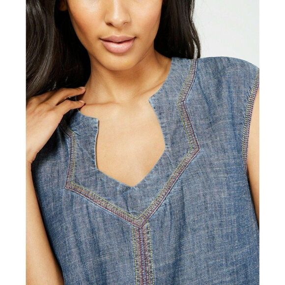 Trina Turk Shift Dress S Blue Chambray Frayed-Hem - Picture 8 of 9